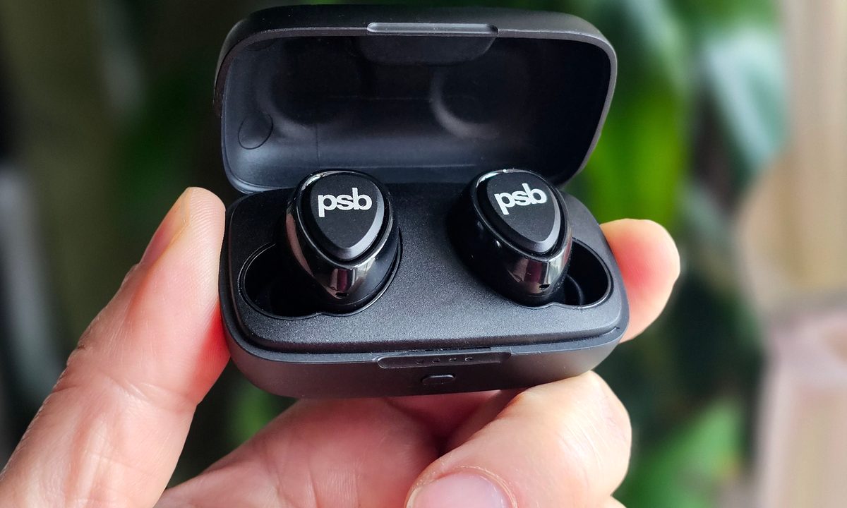 PSB Speakers M4U TWM earbuds in open charging case.