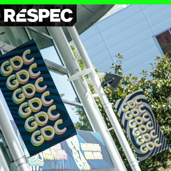 A banner with GDC on it outside a conference center.