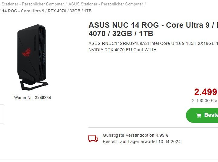 A listing of the Asus ROG NUC 14.