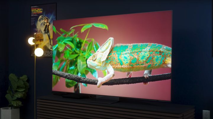 A chameleon on a leafy branch shown on a Samsung QN900D.