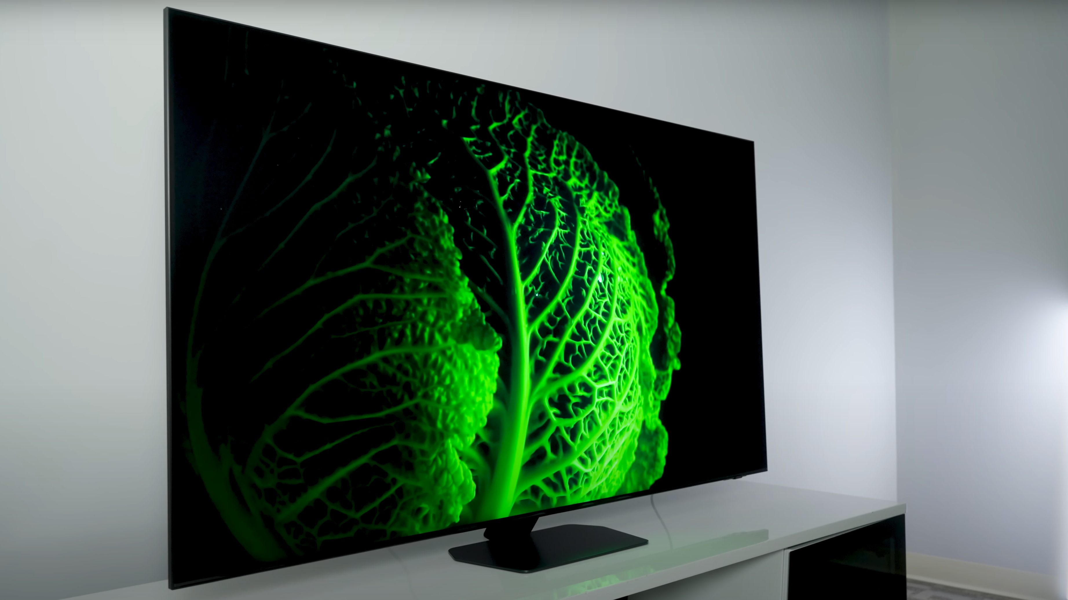 A closeup of the veins of a bright green leaf shown on a Samsung QN90D.