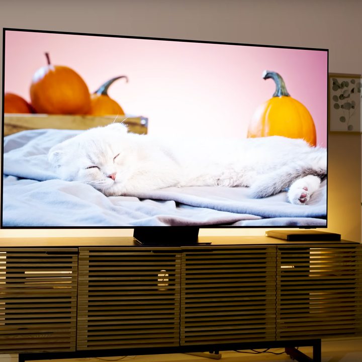A scene of brightly colored produce is shown on a Samsung S95D OLED Tv.