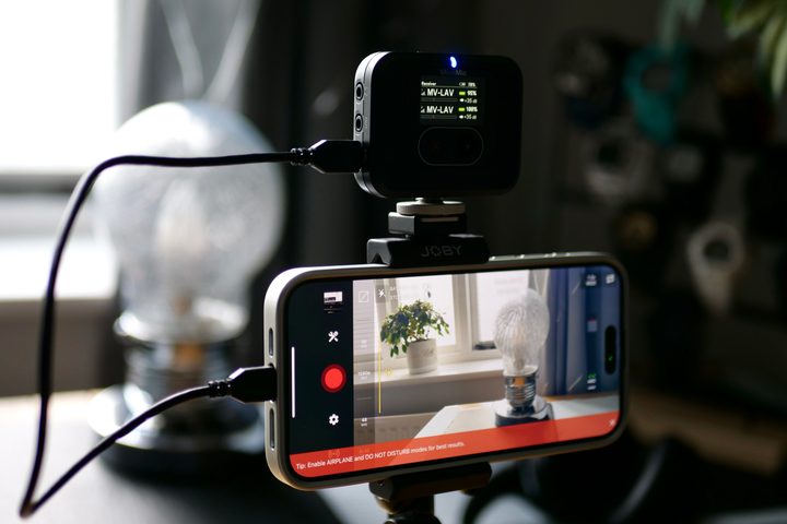 Video being recorded using the Shure MoveMic receiver and microphones.