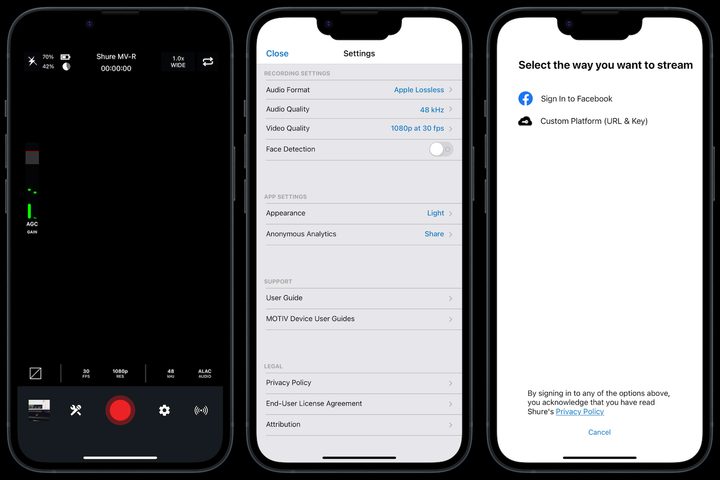 Screenshots taken from Shure's Motiv Video and Motiv Audio apps.