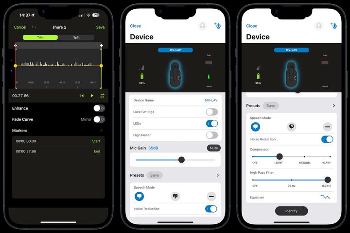 Screenshots taken from Shure's Motiv Video and Motiv Audio apps.