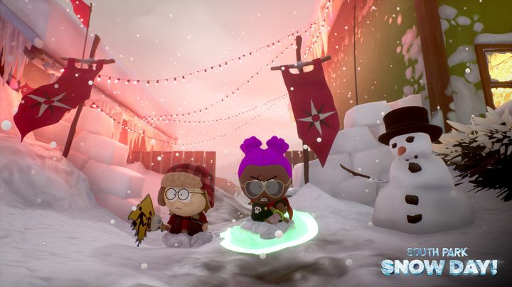 Kids walk down a snowy hill in South Park: Snow Day!
