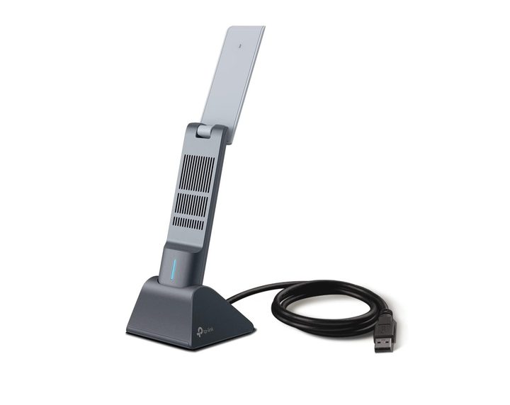 The TP-Link AX1800 with its top antenna flap extended.