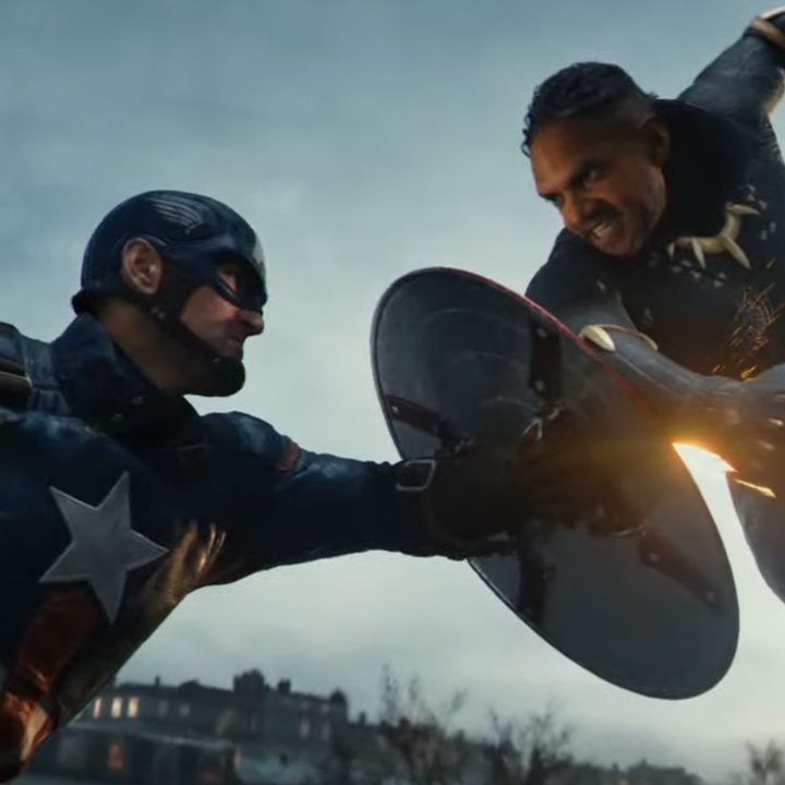 Captain America and Black Panther face off in a screenshot from a Marvel game.