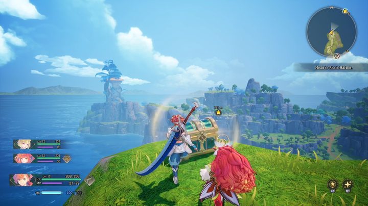 A man with a sword on his back approaches a treasure chest on the edge of a cliff overlooking the sea and a lighthouse in Visions of Mana