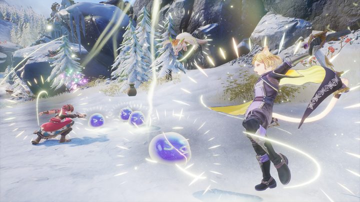 A pair of warriors fight of a group of slimes in a snow covered battlefield in Visions of Mana.