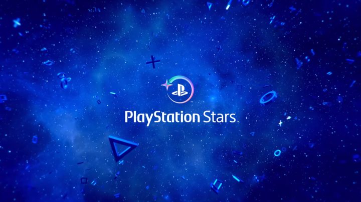 The PlayStation Stars logo flating in space. The space is a galaxy littered with PlayStation controller button symbols