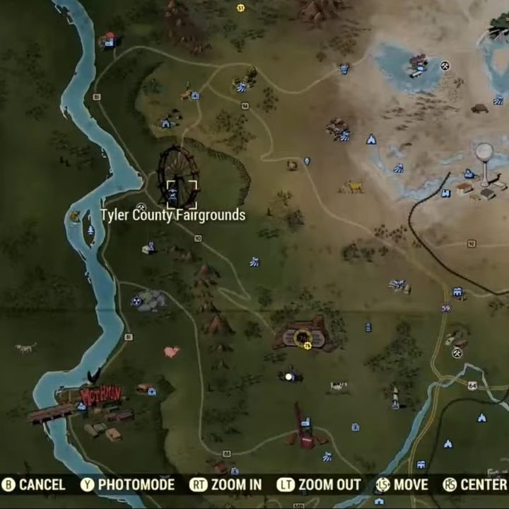 A map to the fairgrounds in Fallout 76.
