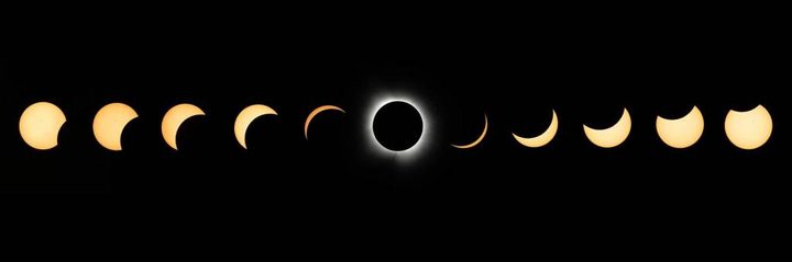 This composite image of multiple exposures shows the progression of a total solar eclipse in Dallas on April 8, 2024.