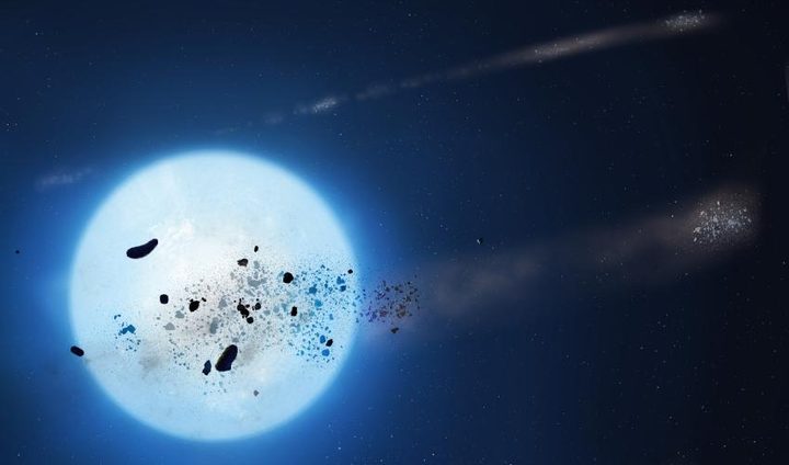 Clumps of debris from a disrupted planetesimal are irregularly spaced on a long and eccentric orbit around the white dwarf. Individual clouds of rubble intermittently pass in front of the white dwarf, blocking some of its light. Because of the various sizes of the fragments in these clumps, the brightness of the white dwarf flickers in a chaotic way.