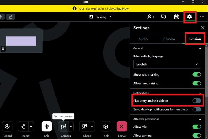Disabling entry and exit chimes in GoTo Meeting desktop app.