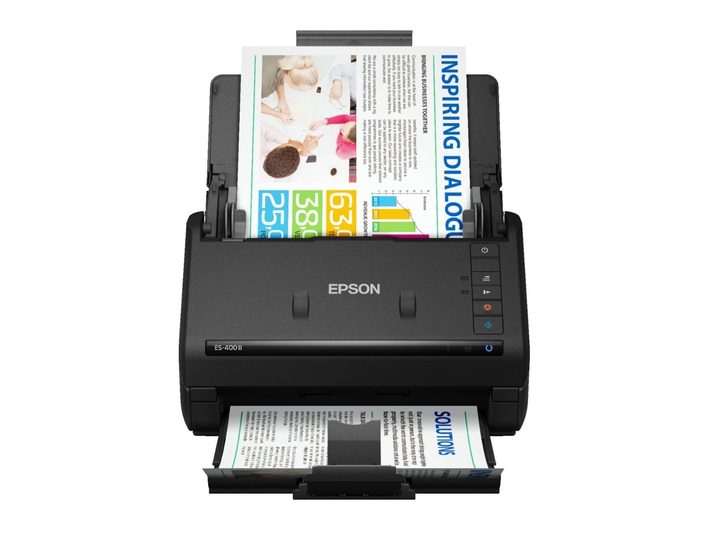 The Epson WorkForce ES-400 II scanner with documents running through it.