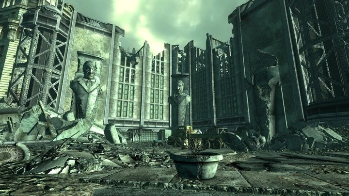 A courtyard with statues in Fallout 3.