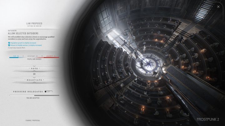 A council meeting in Frostpunk 2.