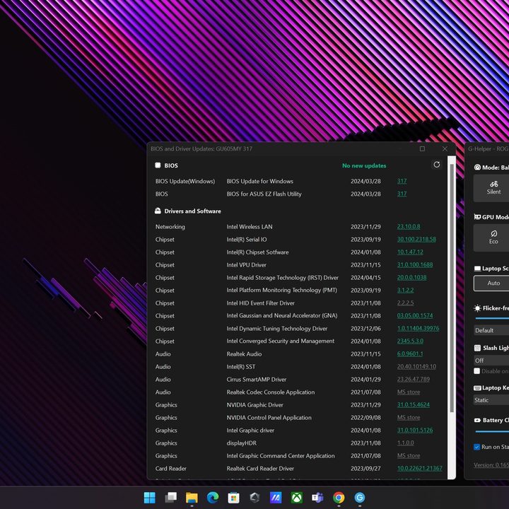 The G-helper tool running on the Asus ROG Zephyrus G16 2024 showcasing the BIOS and driver update tab.