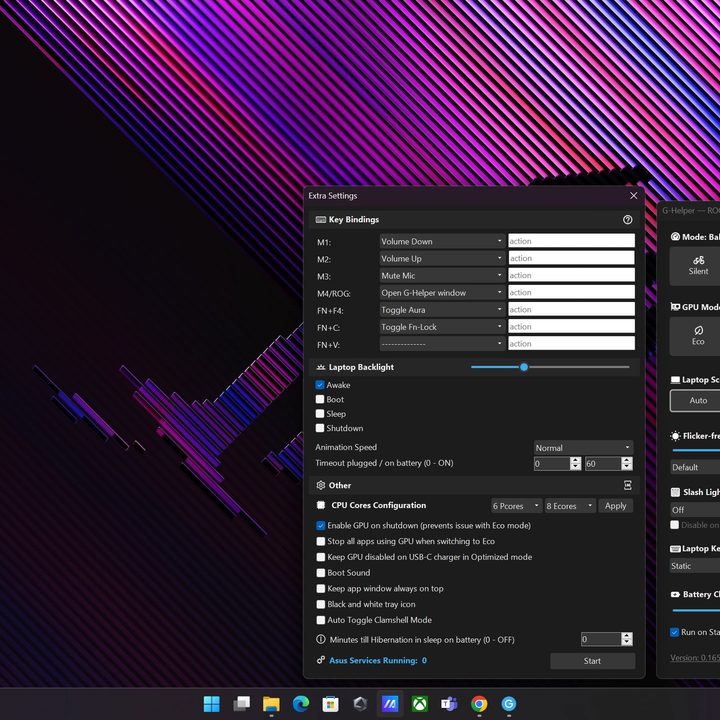 The G-helper tool running on the Asus ROG Zephyrus G16 2024 showcasing additional settings.