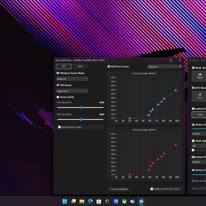 The G-helper tool running on the Asus ROG Zephyrus G16 2024 showcasing the CPU fan curves and power.