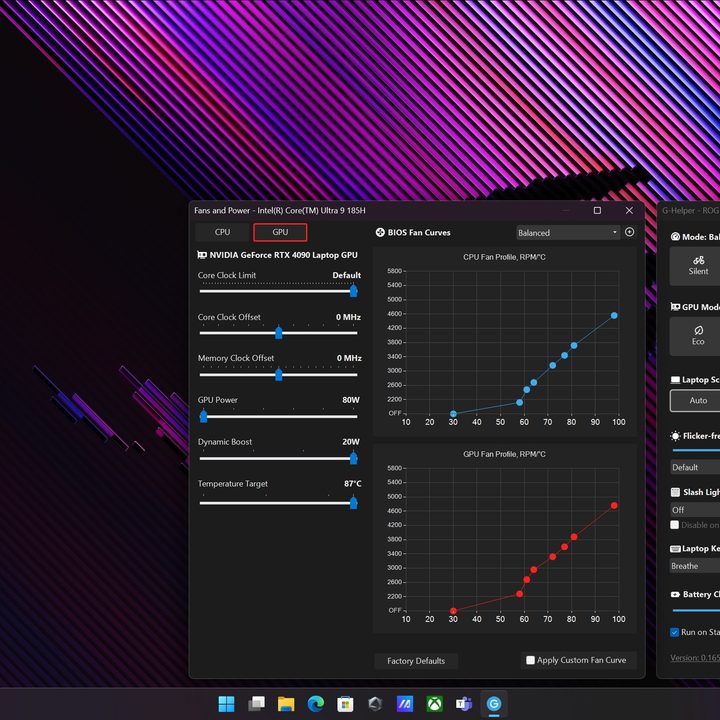 The G-helper tool running on the Asus ROG Zephyrus G16 2024 showcasing the GPU fan curves and power.