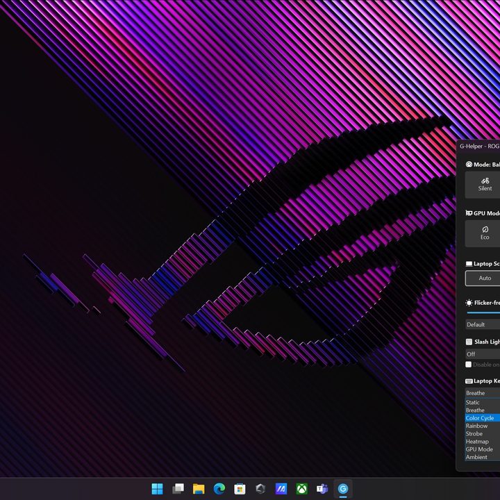 The G-helper tool running on the Asus ROG Zephyrus G16 2024 showcasing the keyboard RGB lighting setting.