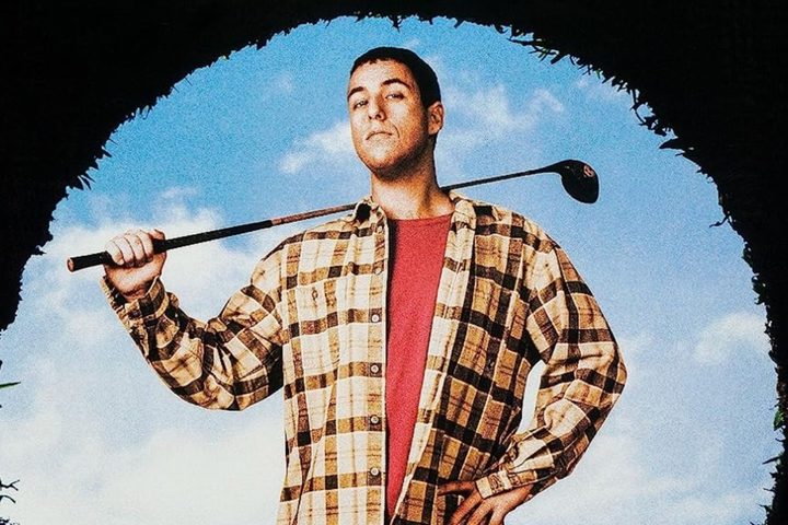 Adam Sandler holds a golf club on the poster for Happy Gilmore.