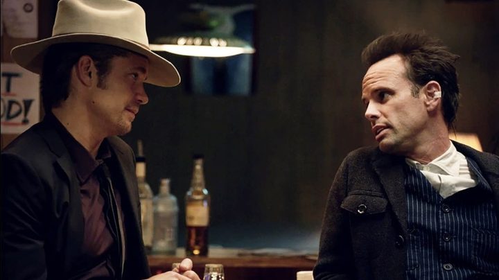 Timothy Olyphant as Raylan Givens and Walton Goggins as Boyd Crowder in FX's Justified.