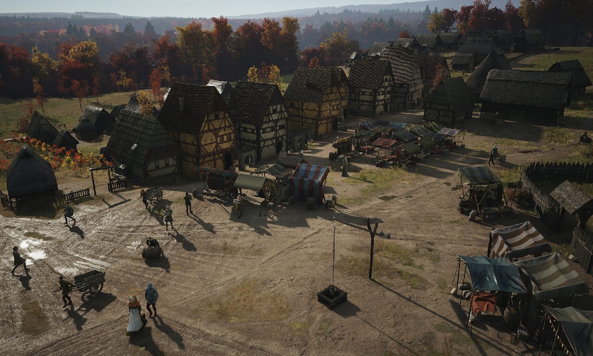 A medieval market in Manor Lords.