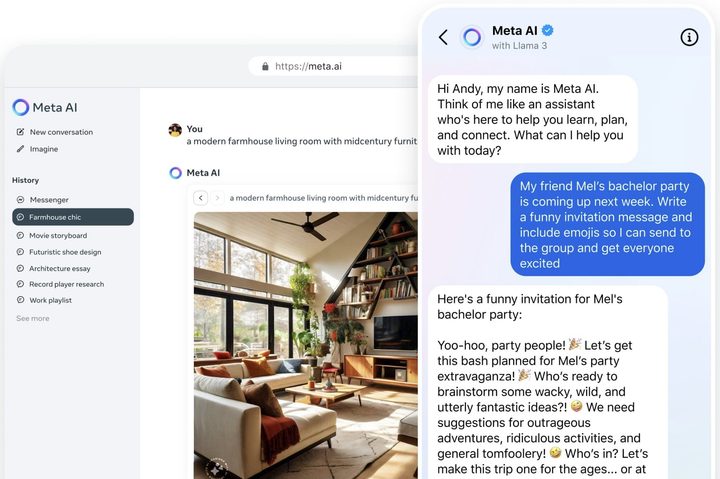 Meta AI on mobile and desktop web interface.