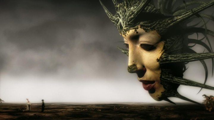 A giant floating mask approaching two small figures in the film MirrorMask.