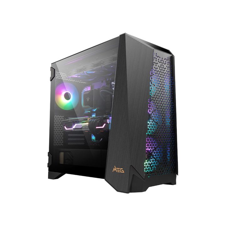 The MSI Infinite gaming desktop with RGB fans on a white background.