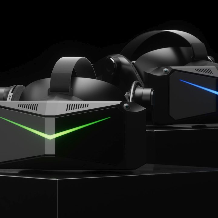 Pimax Crystal Super and Light VR headsets appear on a dark background.