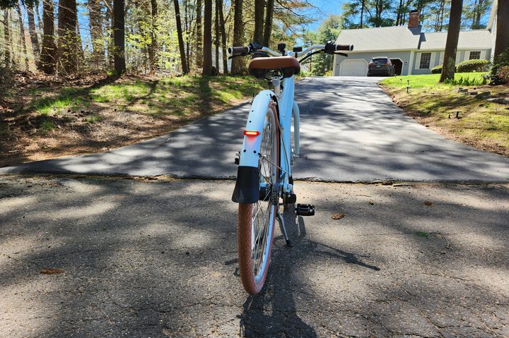 Priority Bicycles e-Classic Plus e-bike at the base of a steep driveway for torque test.