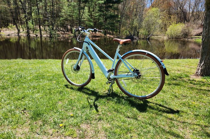 Priority Bicycles e-Classic Plus e-bike left profile shot parked on grass by the side of a pond with trees in the background.