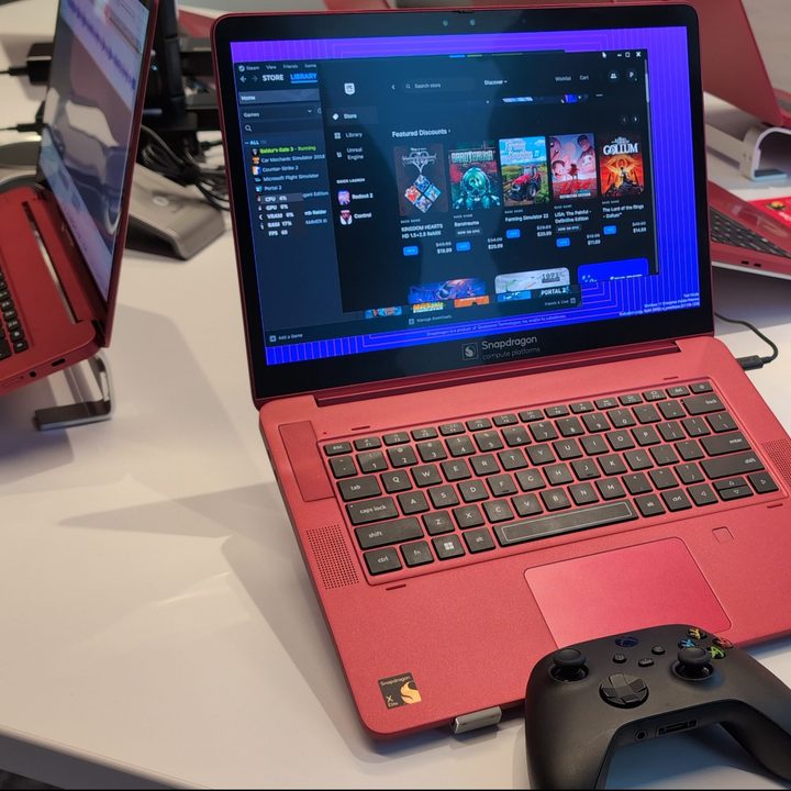 A Qualcomm Snapdragon X Elite Reference Laptop with Steam showing