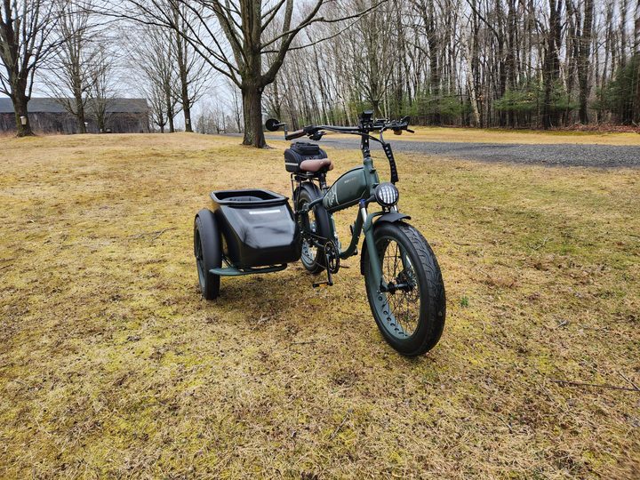 Right front three-quarter view of a MOD Easy Sidecar with optional mirrors and rear rack bag in a park on grass,