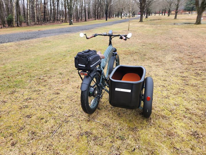 Right rear three-quarter view of a MOD Easy Sidecar with optional mirrors and rear rack bag in a park on grass.