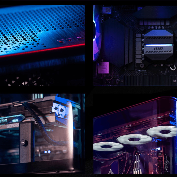 Four detail shots of the MSI Vision Elite desktop.