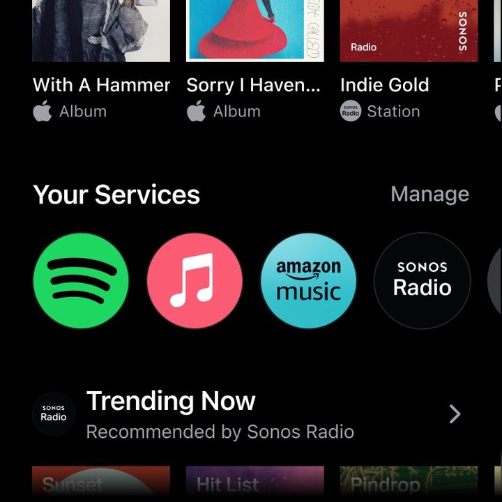 Sonos new app: home screen on a dark background.