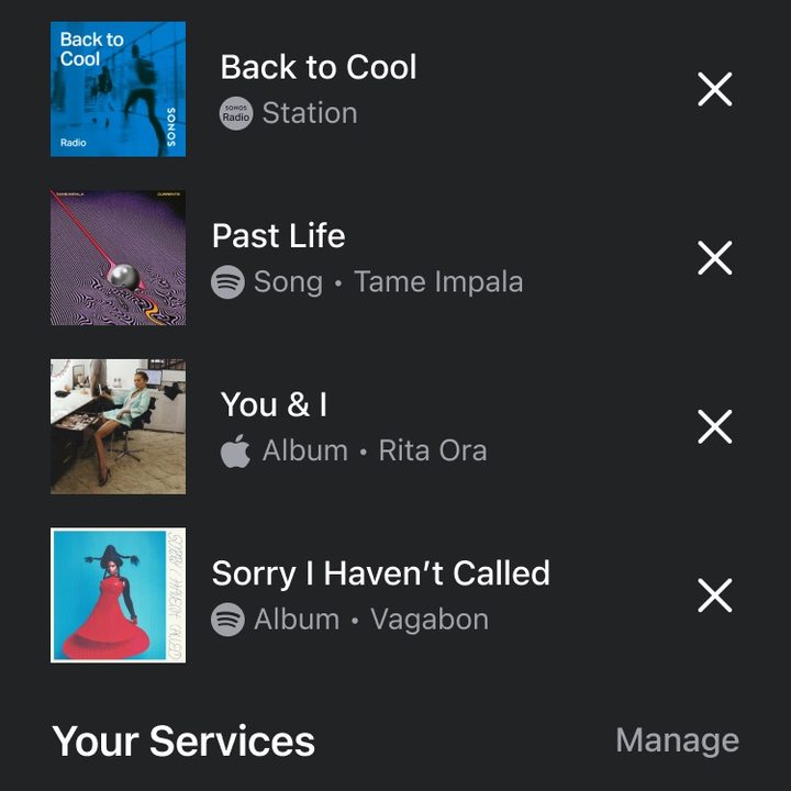 Sonos new app: search results against a dark background.