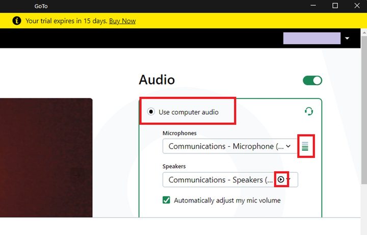 Testing speakers and microphone in GoTo Meeting desktop app.