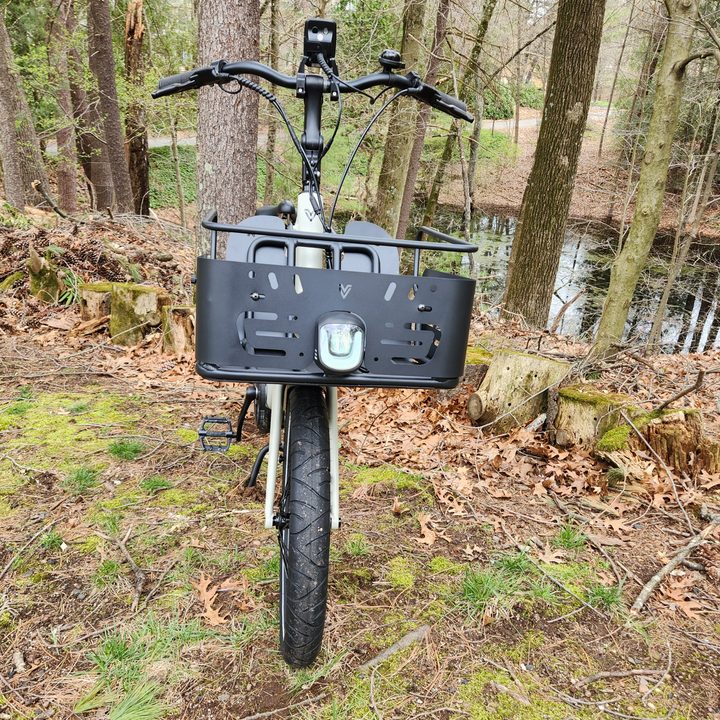 Vvolt Slice Lite headlight reinstalled in front of the optional cargo basket.