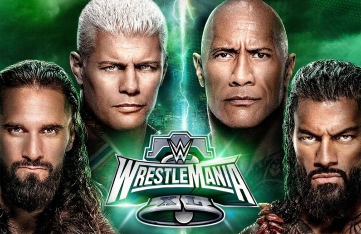Seth Rollins, Cody Rhodes, The Rock, and Roman Reigns in promo art for Wrestlemania 40.