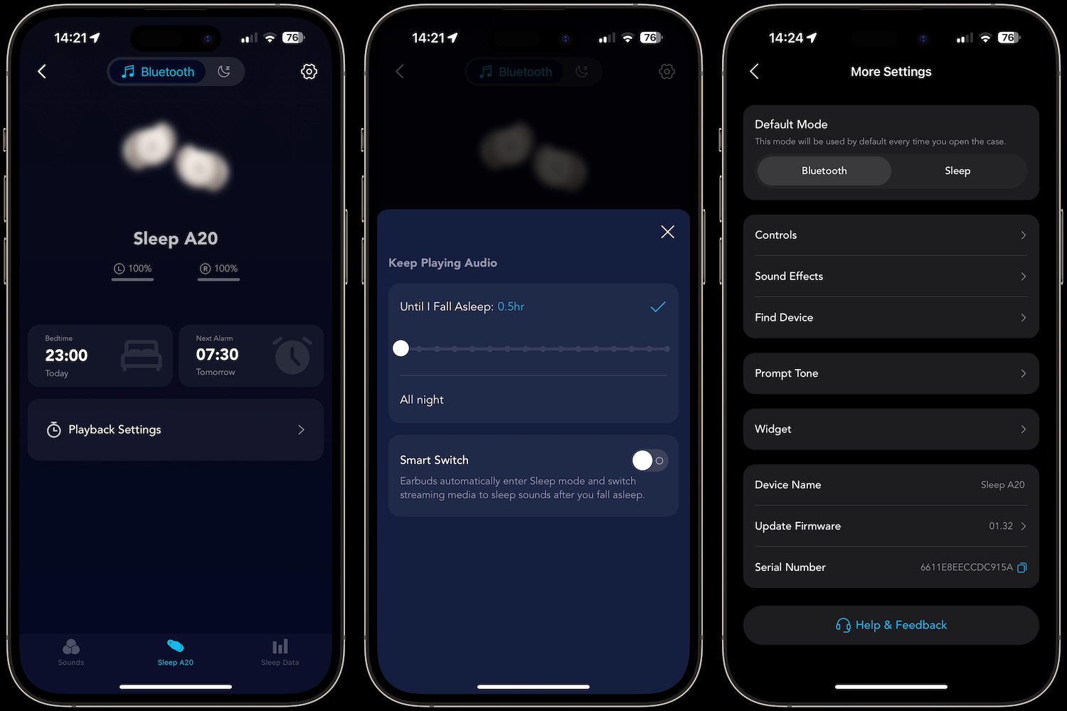 Screenshots taken from the Anker Soundcore Sleep A20's app.