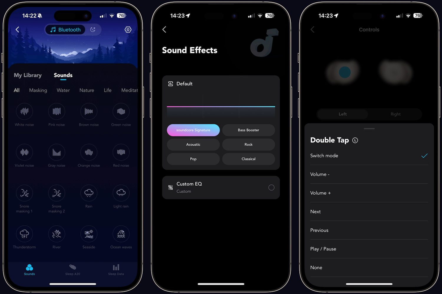 Screenshots taken from the Anker Soundcore Sleep A20's app.