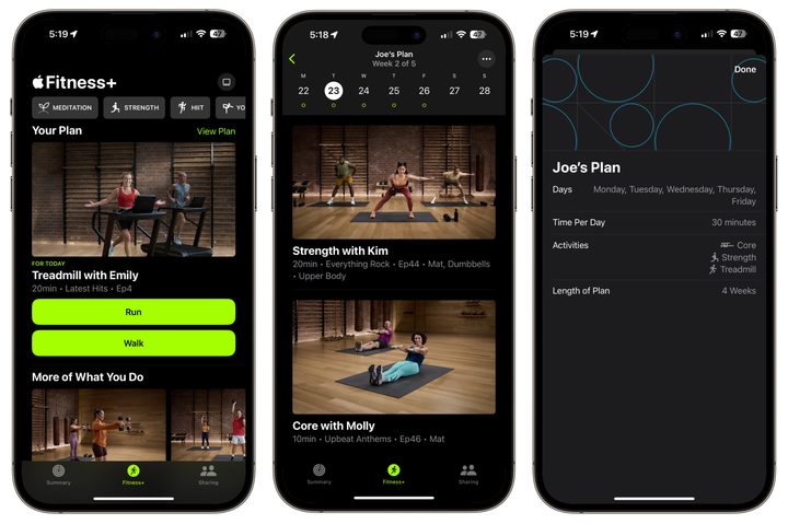Screenshots of the Custom Plans feature for Apple Fitness Plus.