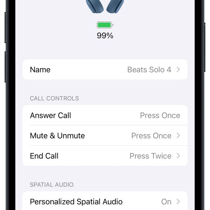 Beats Solo 4 settings in iOS.