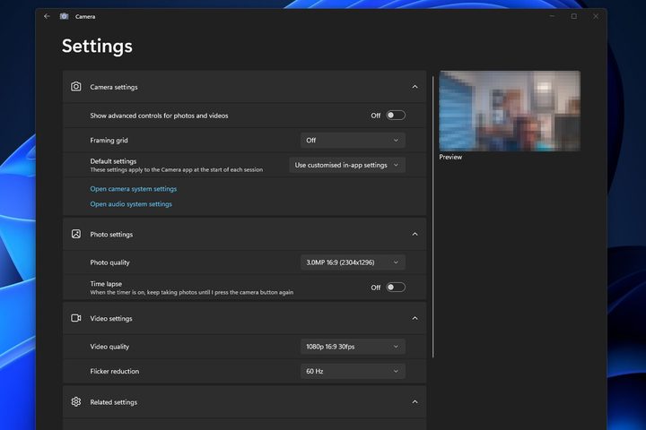Camera settings in Windows 11.